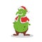 Fat goblin in christmas hat. Green troll in cartoon style. Fantasy monster in santa cotume. Standing gremlin