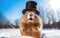 Fat groundhog wearing a black top hat, standing in the snow in the sunlight, blue sky. Happy groundhog day. AI Generative