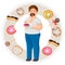 Fat guy eats donut surrounded with tasty sweets and desserts