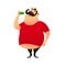 Fat guy takes a bite of a donut. Funny cartoon obesity man in a T-shirt with a naked belly. Puffy mustachioed big happy