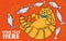 The fat happy well fed cat surrounded by fish on the orange background, doodle, the advertising cat food