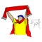 Fat male football fan holding a red scarf and cheering vector il