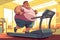 fat male obese runner runs on treadmill in gym. Running cardio workout to lose excess weight. Cartoon character