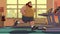 fat male obese runner runs on treadmill in gym. Running cardio workout to lose excess weight. Cartoon character