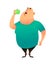 A fat man bites an apple. Useful habits and healthy eating concept. The fatty guy dreams of losing weight and chooses a healthy di