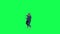 Fat man in blue clothes running away from insects on green screen from high angl