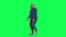 Fat man in blue clothes walking and talking on green screen