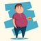 Fat man with burger. Cartoon vector illustration.