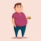 Fat man with burger. Cartoon vector illustration.