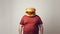 Fat man with burger head wearing a red t-shirt. Concept of fast food, unhealthy eating, appetite, surreal art, and humor