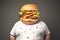 Fat man with burger head wearing a t-shirt. Concept of fast food, unhealthy eating, appetite, surreal art, and humor