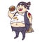 Fat man with burger. Obese character. Cartoon illustration. Isolated objects on white background.