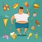 Fat man and different dishes in cartoon style. Fast food addiction concept. Unhealthy nutrition