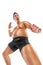 Fat man doing karate workout traning. Guy isolated over white background.