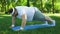 Fat man doing plank, training outdoors, desire to be slim, motivation willpower