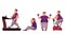 Fat man doing sport exercises on white background