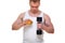 Fat man with a hamburger holds dumbbells isolated on white. The concept of choosing between harmful food and a healthy