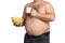 Fat man holding beer, chips and tv remote