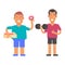 Fat man holding donut and smiling. Slim man holding dumbbell and showing thumbs up. Vector characters