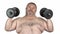 Fat man lifting dumbbells with efforts.