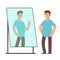 Fat man looking on strong and thin person reflection in mirror. Fitness goals vector concept