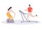 Fat man running on treadmill and fat woman on exercise bicycle. Cartoon character doing cardio training on exercise machine