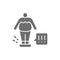 Fat man on scales, weight control grey icon.