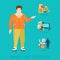 Fat man unhealthy lifestyle vector infographic: diet, sport