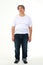 Fat man wearing white shirt standing on a white background