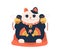 Fat maneki-neko with bells in both paws. Japanese lucky cat on pillow. Traditional Asian beckoning figurine for good