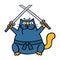 Fat ninja cat with two crossed swords. Vector illustration