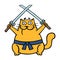 Fat ninja orange cat with two crossed swords. Vector illustration.