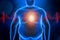 Fat or obese man chest body with heart and red ekg heartbeat curve. Blue futuristic hologram 3d rendering illustration. Obesity,