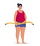 Fat obese woman and measuring tape. Oversize fatty girl. Obesity weight control concept. Overweight female cartoon character full