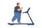 Fat overweight man exercising on treadmill, flat vector illustration isolated.