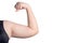 Fat overweight woman, Show big arms with fat accumulation, On white background., Need lose weight accelerate burn fat excess, Die