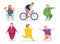 Fat people. Funny active characters making sport exercises workout outdoor activity exact vector cartoon fitness persons