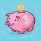 Fat piggy bank coin insert drawing flat fun illustration pig character