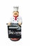 Fat plastic male chef doll holding a sign