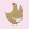 A fat, pot-bellied brown hen, mother teaches by raising her wing, in a light pink apron with a rose flower on a light gentle pink