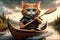 fat red cat in a T-shirt with oars in a boat, playing sports