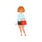 Fat red-haired lady with handbag. Cartoon character of caucasian wearing short black skirt and blue blouse. Full-length
