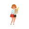 Fat red-haired lady with handbag and paper shopping bag with groceries. Woman in black skirt and blue blouse. Flat