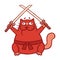 Fat red ninja cat with two crossed swords. Vector illustration.