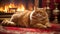 A fat, red striped cat lies on a red carpet after a hearty dinner in a room with candles. AI generated.