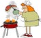 Fat redheaded woman barbecuing a steak on a grill
