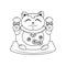 Fat smiling Japanese cat Maneki neko with bells is sitting on a pillow. A symbol of good luck and wealth. Contour