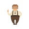 Fat smiling nerd standing with index finger up. Cartoon man character in glasses, shirt, tie, pants with suspenders