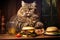 A fat tabby cat seating behind the table, eating burgers and drinking beverage