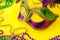 Fat Tuesday traditional accessory and Mardi Gras carnival concept theme with close up on a face mask full of color, feathers and
